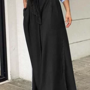Italian Blue Tie Waist Oversized Denim Wide Leg Pants Trousers Summer