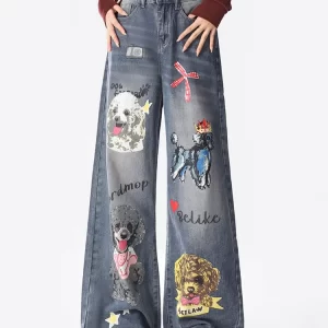 Original Design Blue Pockets Dogs Print Denim Wide Leg Pants Spring