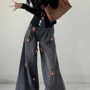 Fitted Light Blue Oversized Floral Denim Wide Leg Pants Fall