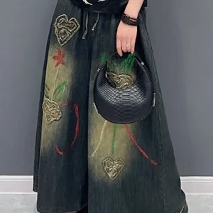 Vintage Floral Embroideried Pockets Wide Leg Jeans