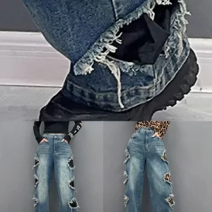 Leopard Pockets Patchwork Denim Pants High Waist