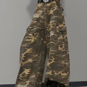 American Style Army Green Camouflage Pockets Denim Wide Leg Pants Fall