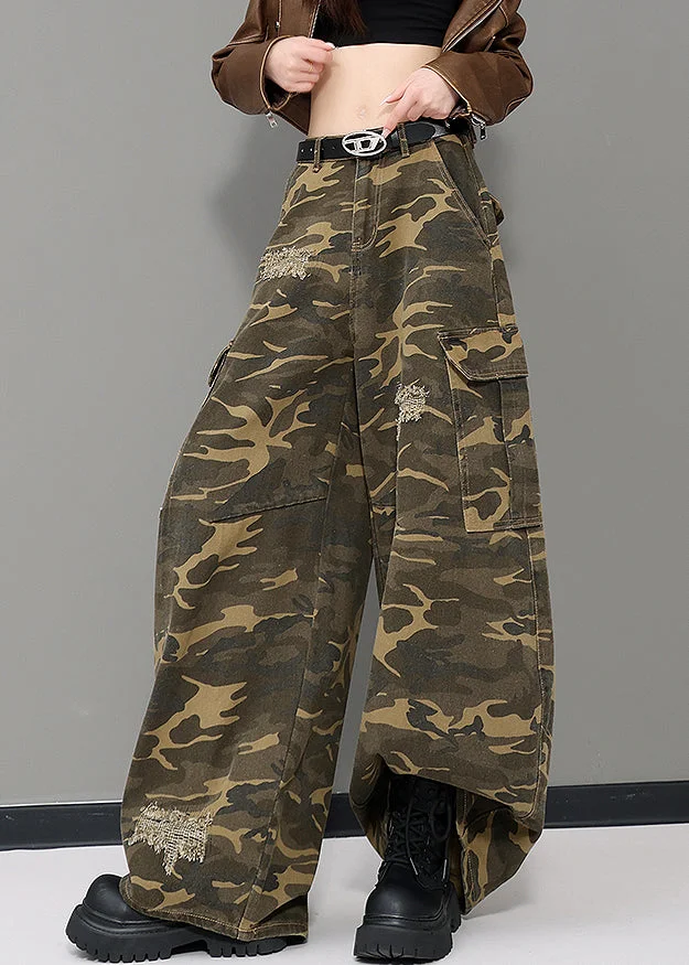 American Style Army Green Camouflage Pockets Denim Wide Leg Pants Fall
