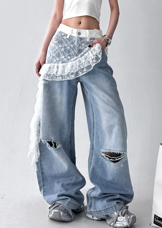 Art Blue Hole Lace Patchwork Denim Pants Fall - Image 4
