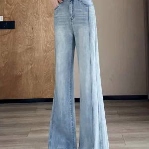 Women Light Blue Pockets Patchwork Denim Pants Fall