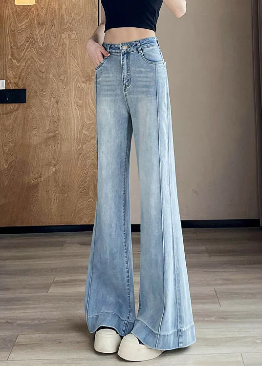 Women Light Blue Pockets Patchwork Denim Pants Fall