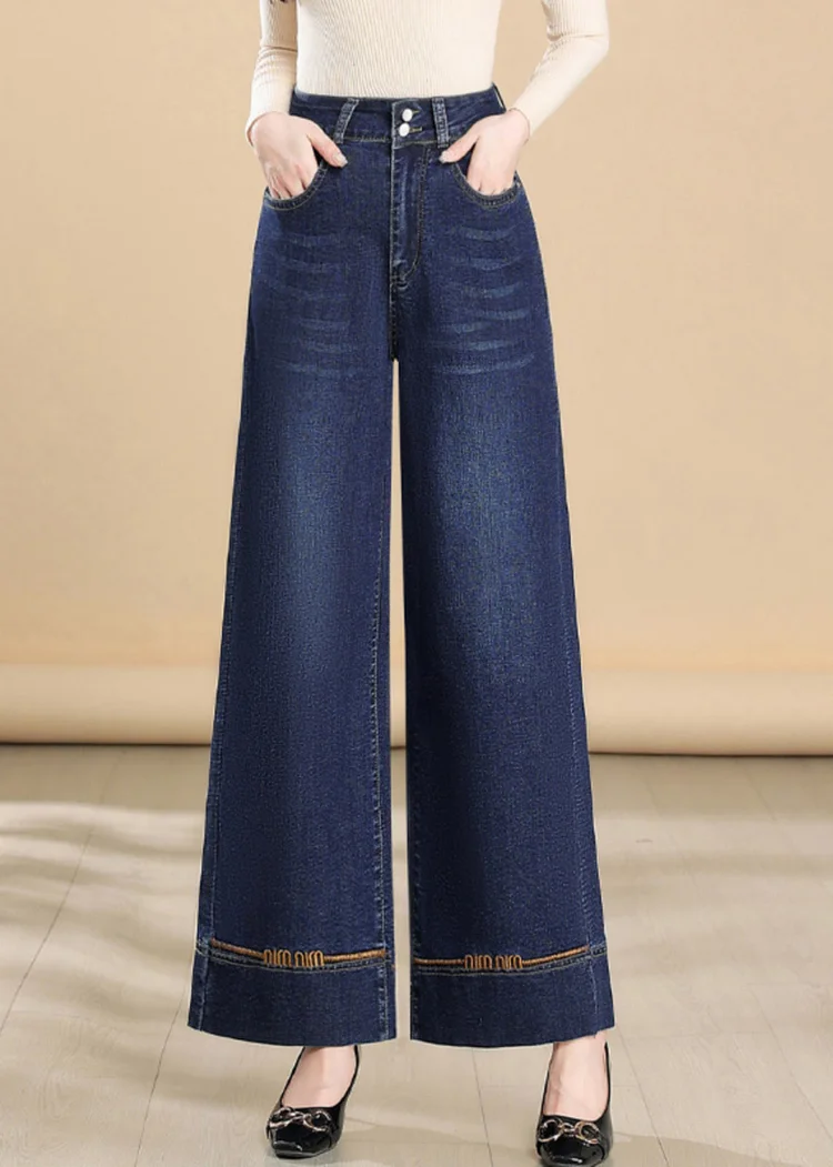 Silm Fit Navy Embroidered Denim Wide Leg Pants Summer - Image 3