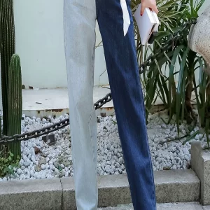 Chic Colorblock AsymmetricalHigh Waist Denim Pants Spring