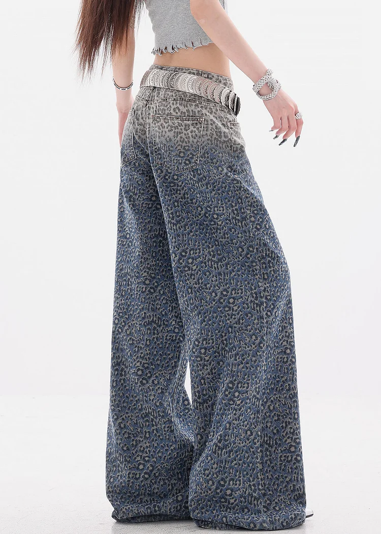 Chic Gradient Color Leopard High Waist Denim Wide Leg Pants Fall - Image 3