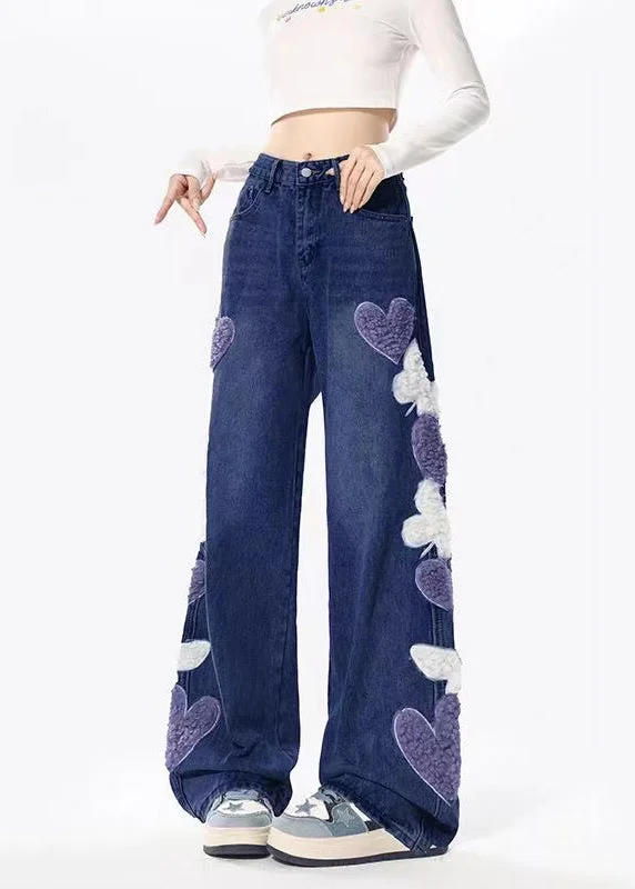 Boutique Navy Heart Embroideried Pockets Denim Wide Leg Pants Spring - Image 5