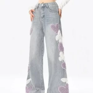 Boutique Navy Heart Embroideried Pockets Denim Wide Leg Pants Spring