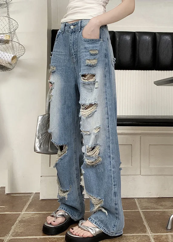 Boho Blue Pockets Patchwork Hole Denim Pants Fall - Image 2
