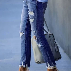 Modern Dark Blue Slim Fit Tassel Denim Pants Summer