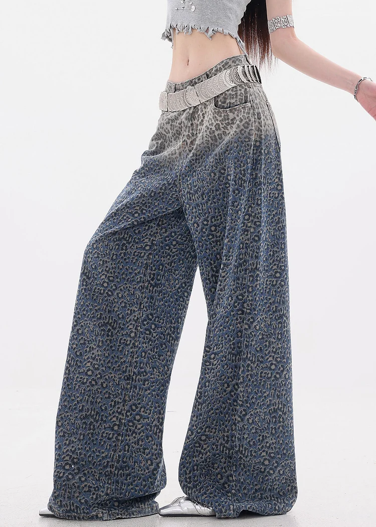 Chic Gradient Color Leopard High Waist Denim Wide Leg Pants Fall - Image 4