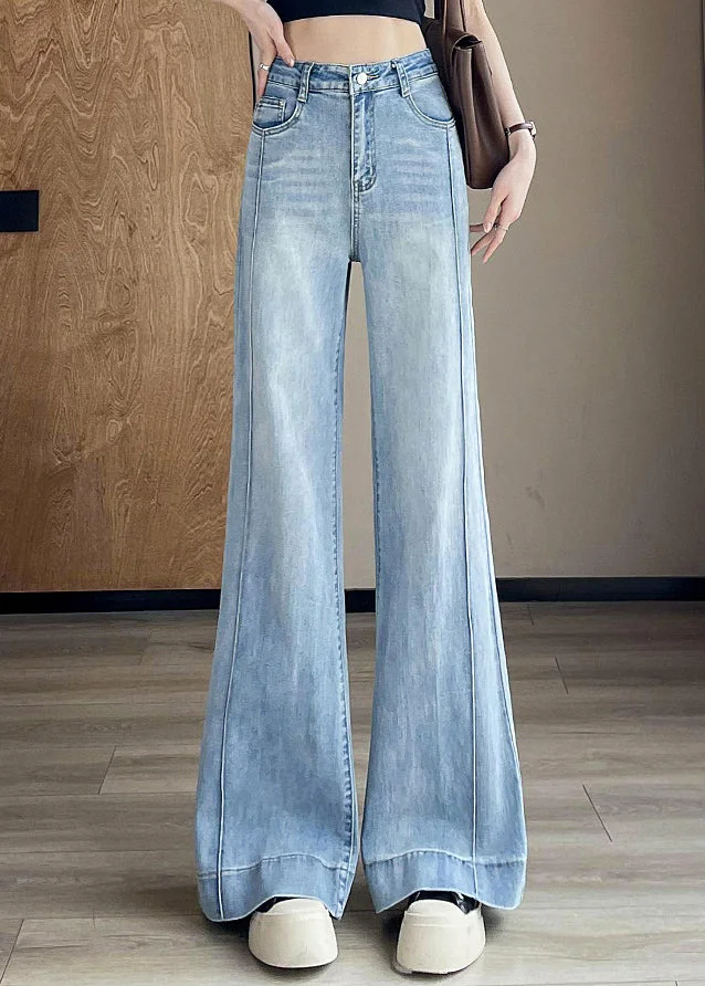 Women Light Blue Pockets Patchwork Denim Pants Fall - Image 3