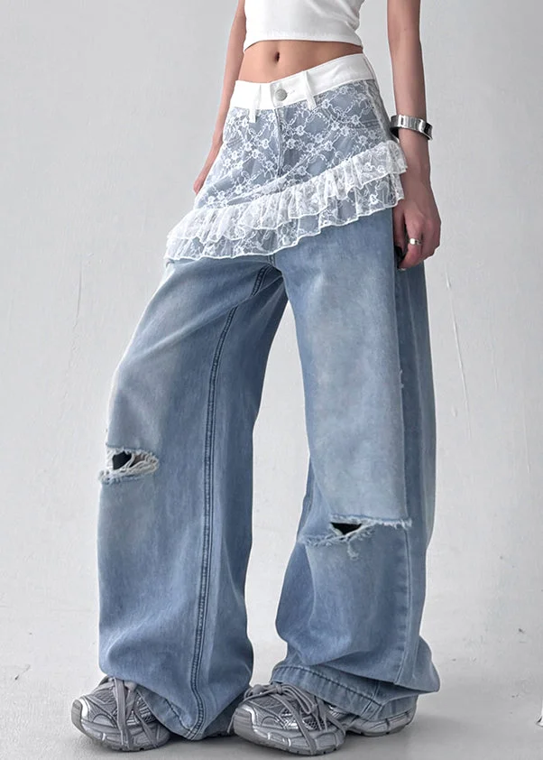 Art Blue Hole Lace Patchwork Denim Pants Fall - Image 3