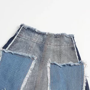 Cool High Waist Patchwork Distressed Wide Leg Denim Pants