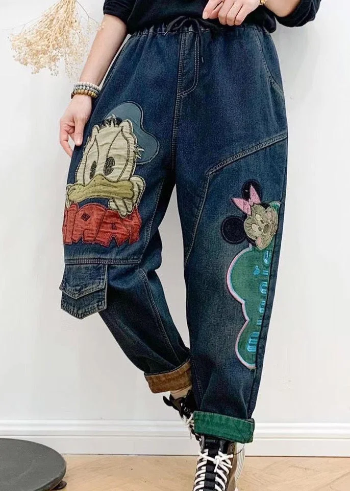 Navy Blue Elastic Waist Crop Harem Jeans - Image 2