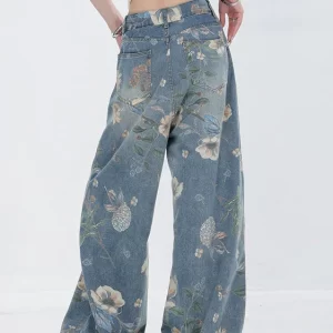 Original Design Blue Print Pockets Denim Pants Fall