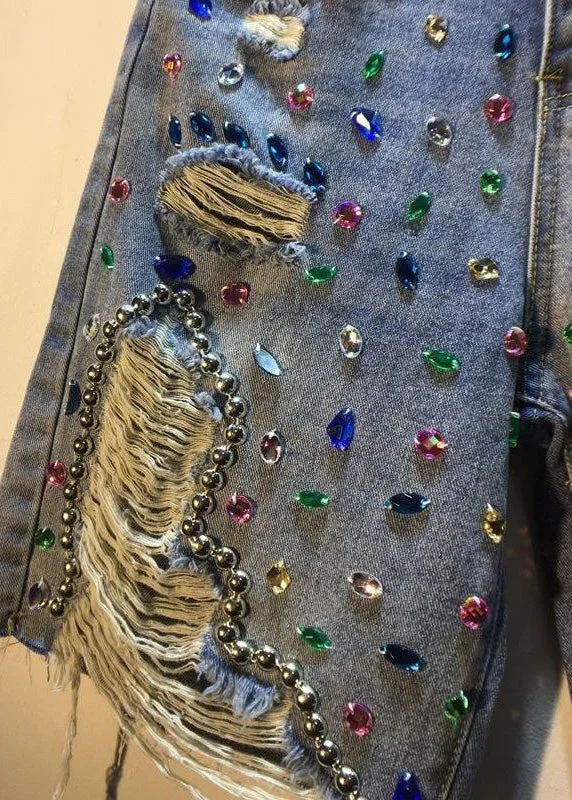 Unique Blue Nail Bead Patchwork High Waist Ripped Shorts Jeans - Image 2
