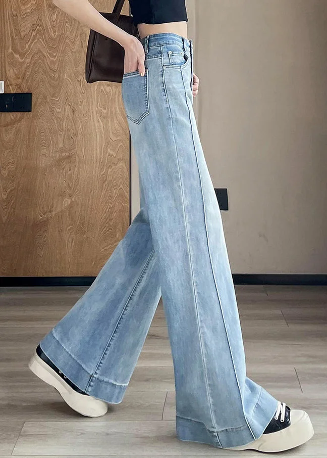 Women Light Blue Pockets Patchwork Denim Pants Fall - Image 2