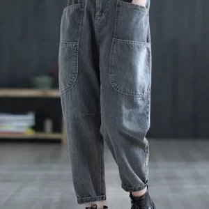 Retro Grey Patchwork Elastic Waist Crop Jeans Summer