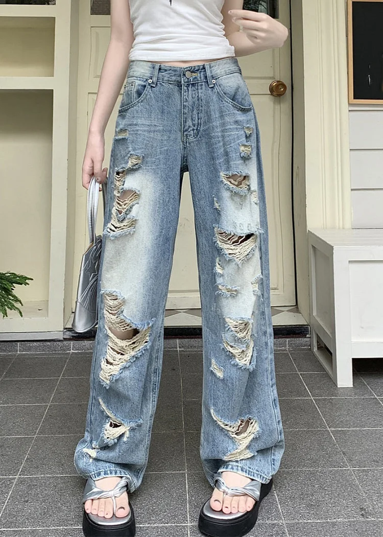 Boho Blue Pockets Patchwork Hole Denim Pants Fall - Image 3