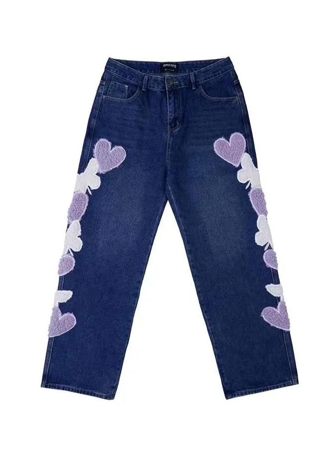 Boutique Navy Heart Embroideried Pockets Denim Wide Leg Pants Spring - Image 2
